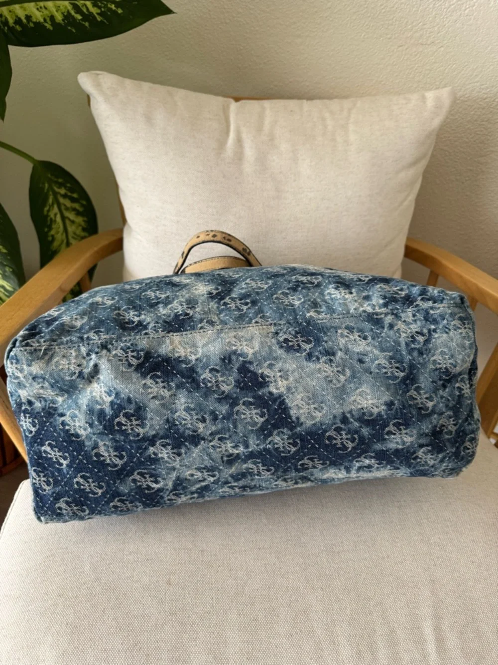 Vintage GUESS Blue Denim Logo Print Large Monogram Y2K Tote Shoulder Bag-READ
